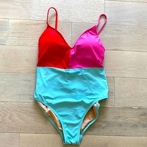 J.Crew Color block one piece swim suit red pink sea foam green size 8 medium lg